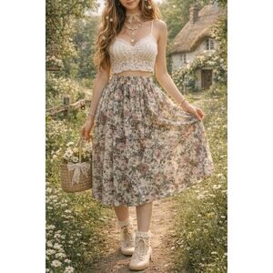 Vintage FRITIZI 90's Midi Skirt Floral COTTAGECORE COUNTRY FARMHOUSE M Comfy